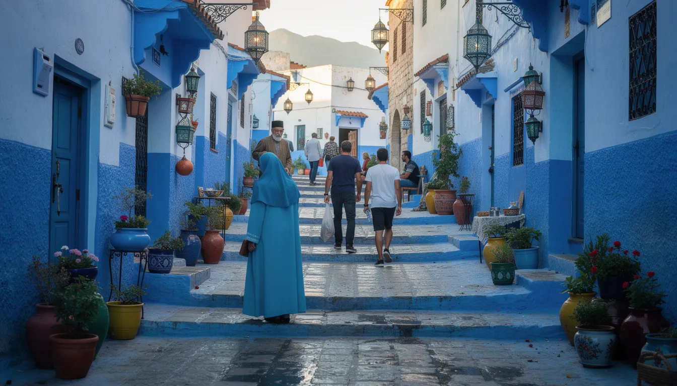 The image showcases the iconic blue-painted streets of Chefchaouen, Morocco, bustling with local people walking and engaging in daily activities. This picturesque scene highlights the charm of Moroccan cities, inviting travelers to visit Morocco and experience its vibrant culture.