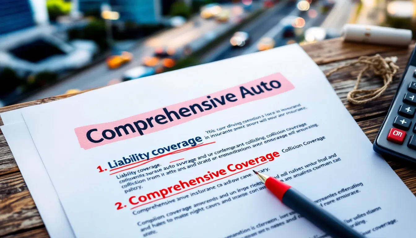 An illustration depicting various aspects of auto insurance coverage, featuring a car surrounded by icons representing different types of coverage such as liability coverage, collision insurance, and comprehensive coverage. This image emphasizes the importance of having the right car insurance policy to protect against medical expenses and property damage.
