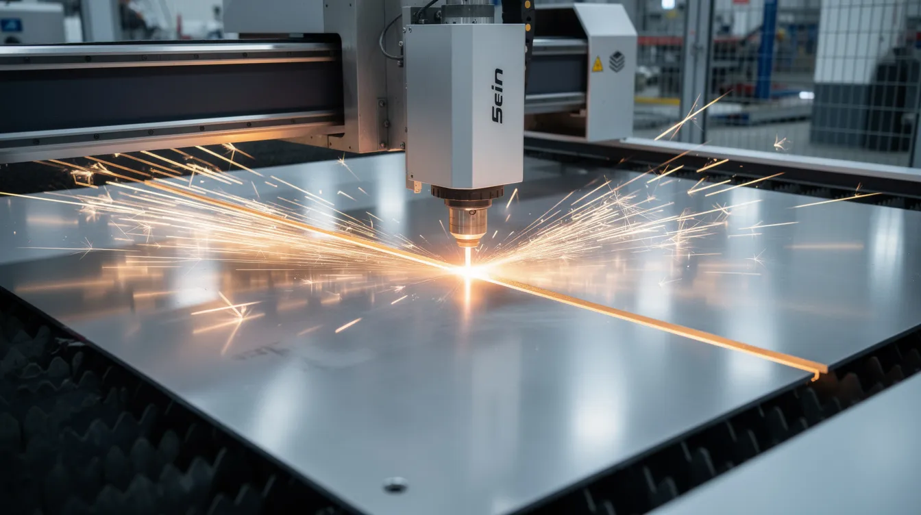 A modern fiber laser cutting machine is actively processing a sheet of stainless steel, with bright sparks flying off during the precision cutting process. This image highlights the advanced technology used in sheet metal fabrication, showcasing the capabilities of metal fabrication companies in producing high-quality metal parts.