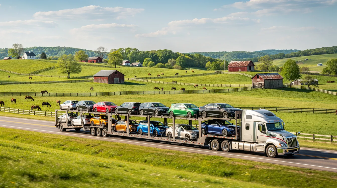 A semi-truck car carrier is driving through the picturesque rolling farmland of Kentucky, surrounded by lush green hills. This scene highlights the auto transport process, showcasing the reliable car shipping services available in the region.
