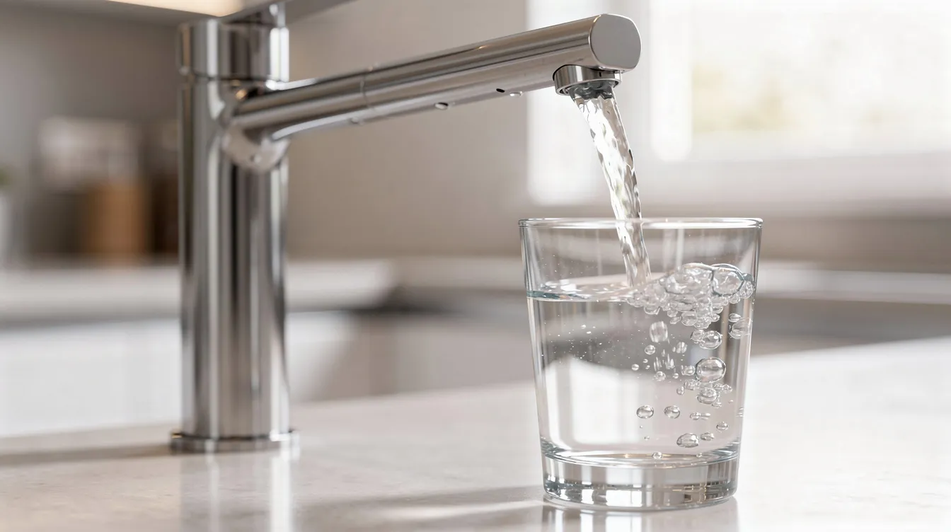 A modern kitchen faucet streams crystal clear water into a glass, illustrating a smoothly functioning plumbing system. This image reflects the quality and professionalism associated with specialized residential plumbing services.