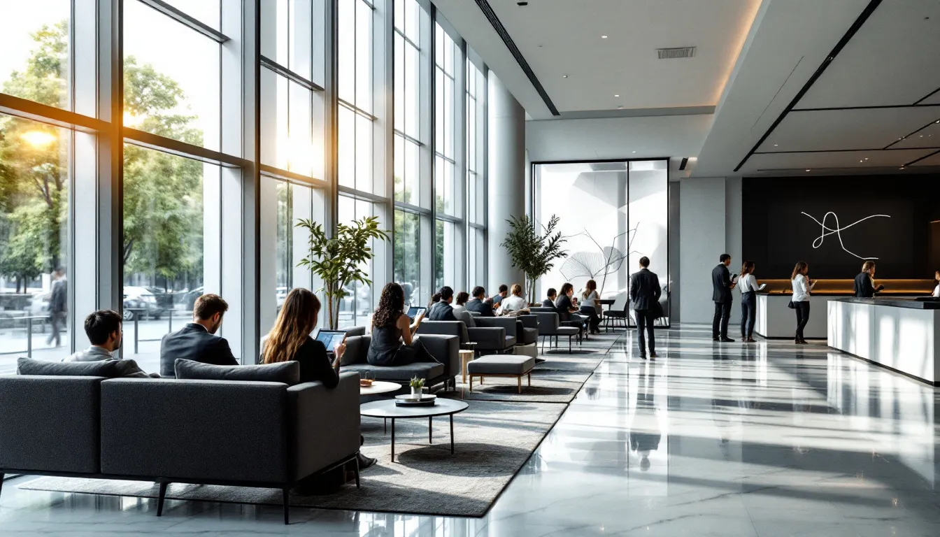 In a modern hotel lobby, guests are engaged with their smartphones and tablets, utilizing digital services to enhance their experience. The scene highlights the integration of technology in the hospitality industry, showcasing how hotel chatbots and AI-powered solutions facilitate direct bookings and improve guest satisfaction.