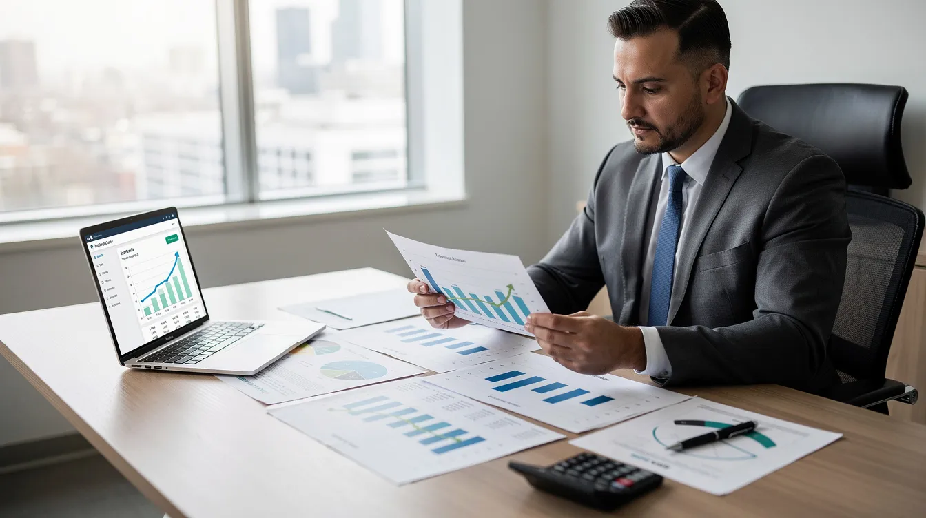 A business owner is seated at a desk, intently reviewing financial documents and growth charts, indicating a focus on developing a successful business model and exploring options for business franchising. The scene reflects the strategic planning involved in the franchising process, essential for attracting potential franchisees and ensuring ongoing support for a successful franchise operation.