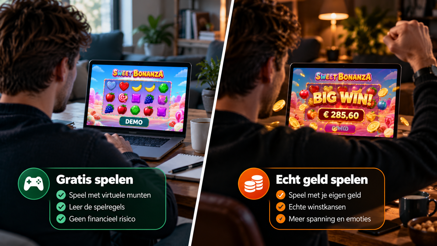 Vergelijking tussen gratis spelen in demo-modus en online casino spelen met echt geld bij Sweet Bonanza.