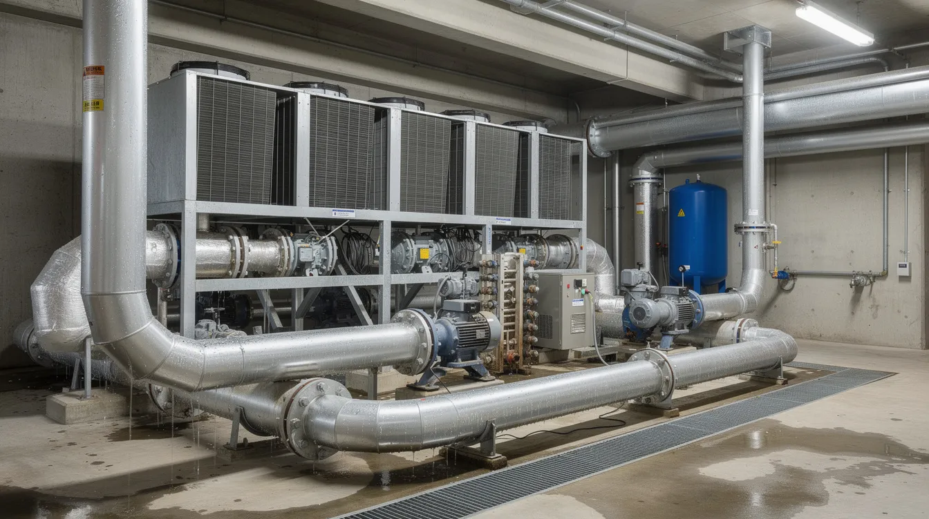 The image depicts a detailed view of a cooling tower, a critical component in water systems where legionella bacteria can proliferate. It highlights the importance of temperature control and proper water management to prevent legionella growth and ensure safe water quality.
