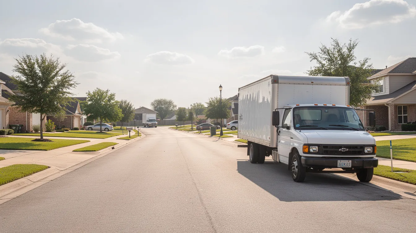 The image depicts a quiet street in a Houston neighborhood, featuring a parked commercial truck alongside residential homes in the background. This scene highlights the everyday environment where truck accidents can occur, emphasizing the importance of having a knowledgeable Houston truck accident lawyer to assist victims in navigating their claims.
