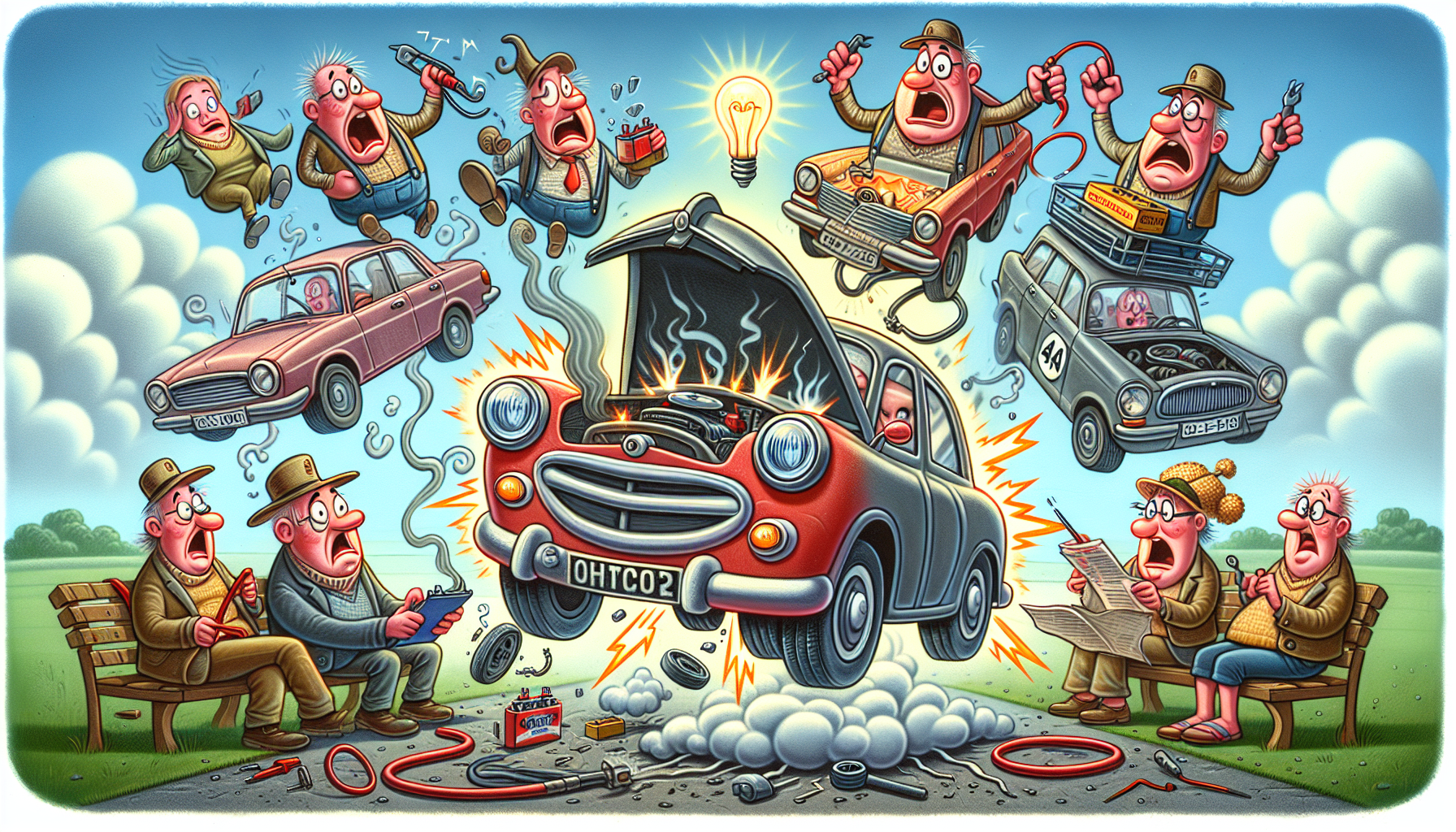 A cartoon illustrating common issues covered by CarShield, referencing car repairs.