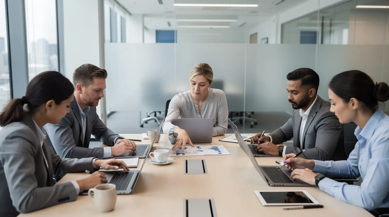 A professional team is gathered around a conference table, actively reviewing documents and engaging with laptops open, showcasing collaboration in business operations. This scene highlights the importance of integrating AI tools and technology for enhancing operational efficiency and member engagement within organizations.
