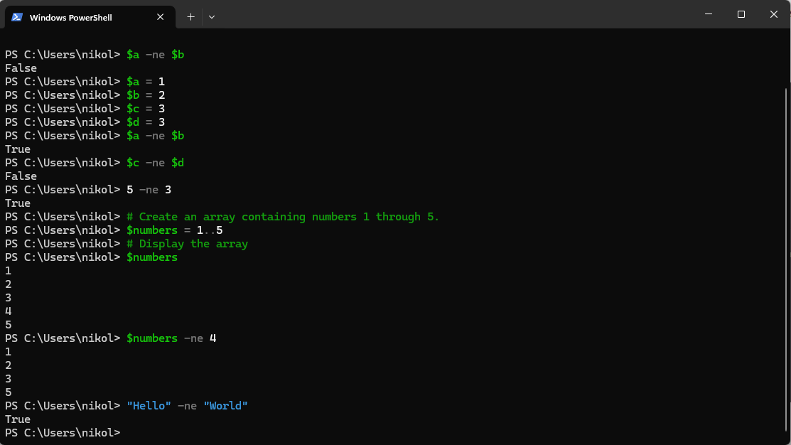 A PowerShell Command Prompt showing the statement "Hello" -ne "World""