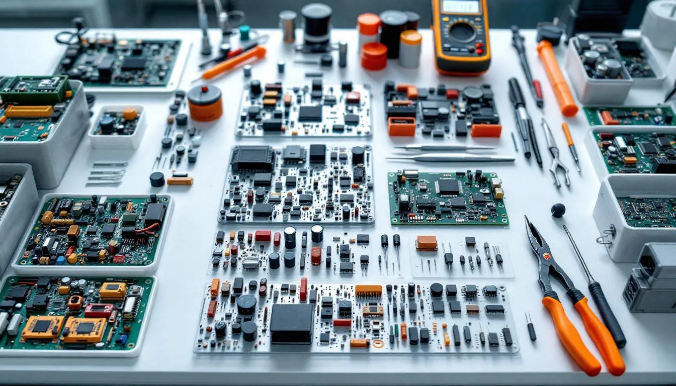 In the image, various electronic components and assemblies are neatly arranged on a production table, showcasing the intricate details of the electronics manufacturing services process. This setup highlights the essential elements of manufacturing, including circuit boards and other electronic parts, reflecting the industry's commitment to quality and innovation.