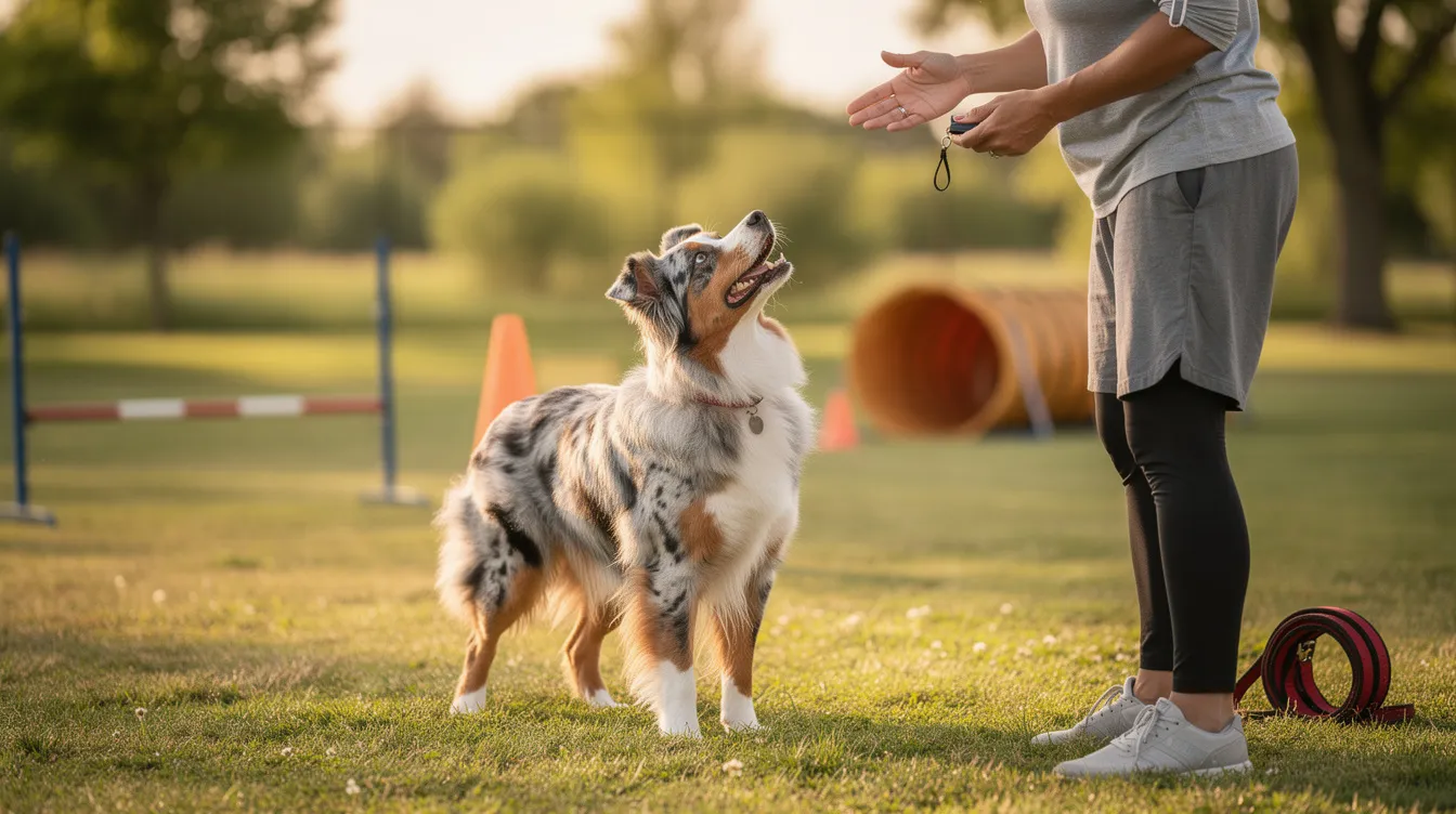 The image depicts an Australian Shepherd puppy engaged in a training session, showcasing its energetic and intelligent nature. Surrounded by various training tools, the scene emphasizes the importance of obedience training and mental stimulation for this active breed.