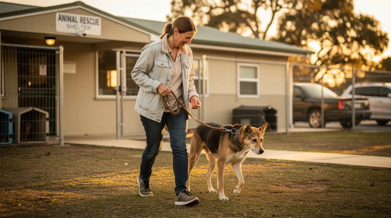 Ein Freiwilliger führt einen geretteten Hund sanft vor dem Blacktown Animal Rehoming Centre spazieren, was die liebevolle Fürsorge der Gemeinschaft für hilfsbedürftige Tiere zeigt, die ein dauerhaftes Zuhause suchen. Diese Szene unterstreicht die wichtige Rolle von Freiwilligen im Hundeadoptionsprozess in Sydney, da sie diesen Haustieren helfen, eine zweite Chance im Leben zu finden.