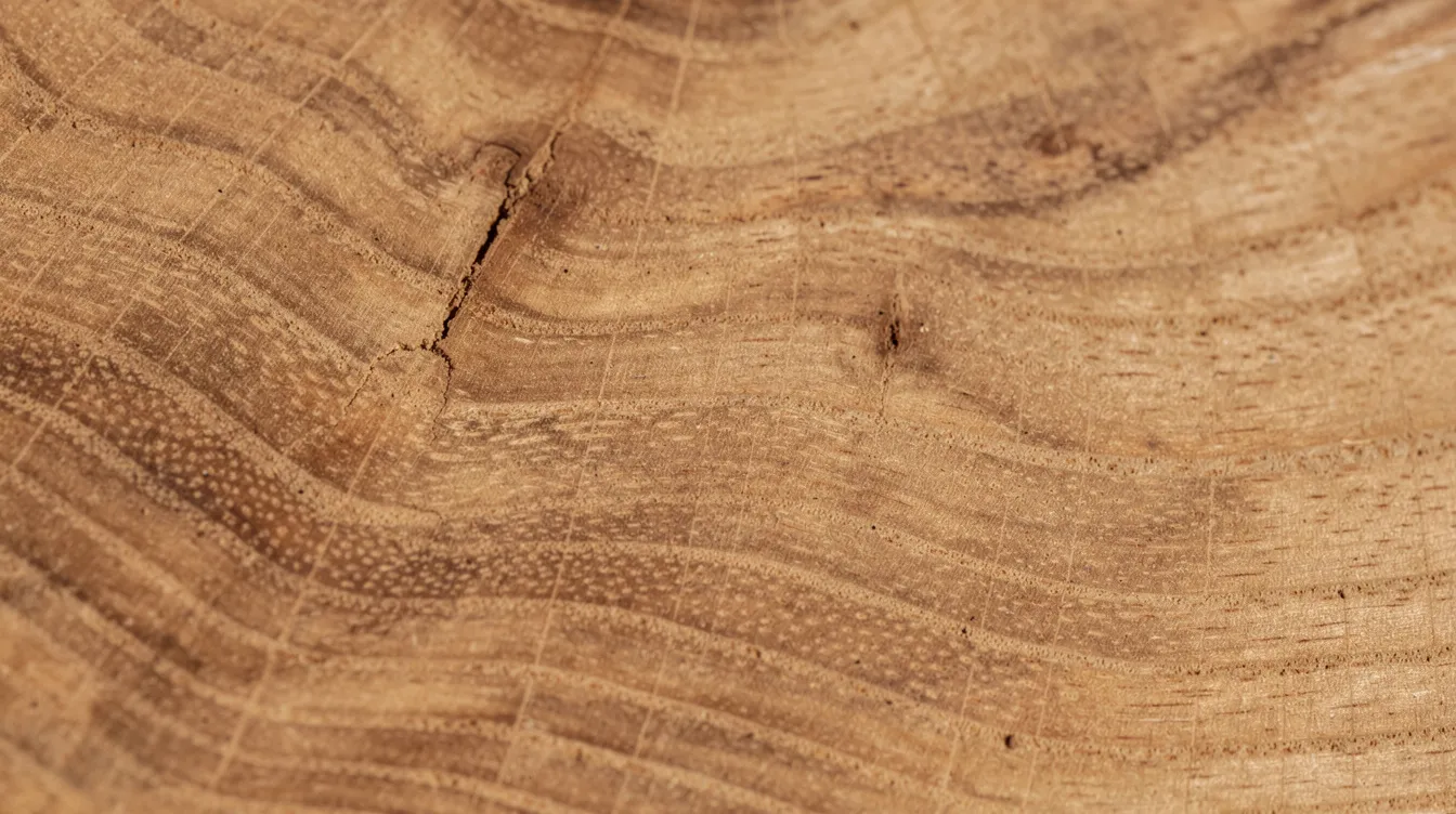 Närbild på en massiv ekträyta som visar tydlig ådring och naturlig färgvariation. Denna typ av trä är perfekt för runda matbord med iläggsskivor och ger en inbjudande känsla i hemmet.