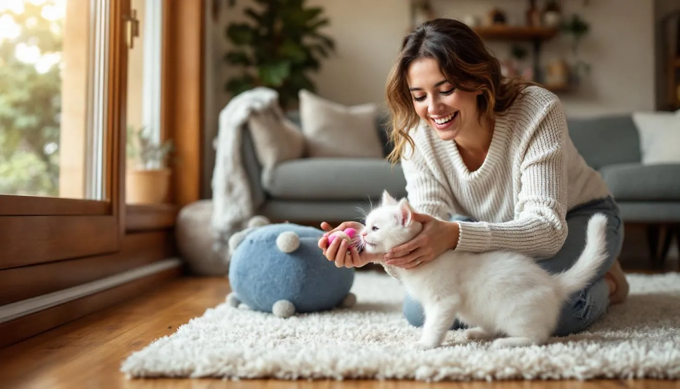 Een gelukkige witte kitten speelt speels met zijn eigenaar in een gezellige thuisomgeving, omringd door zachte kussens en speelgoed. De kitten, een Britse korthaar, toont zijn speelse karakter terwijl ze samen genieten van een moment van vreugde en verbondenheid.