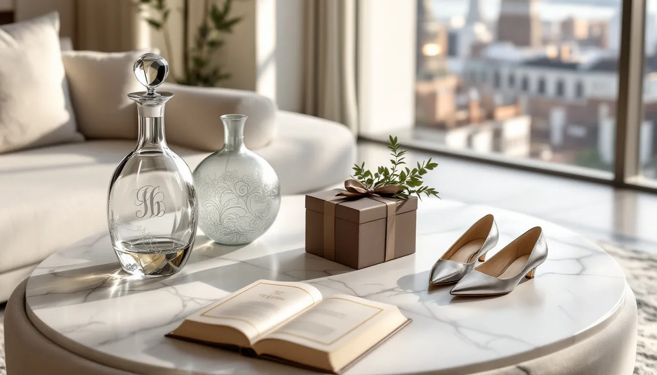 Luxury personalized items including engraved gifts and elegant packaging.