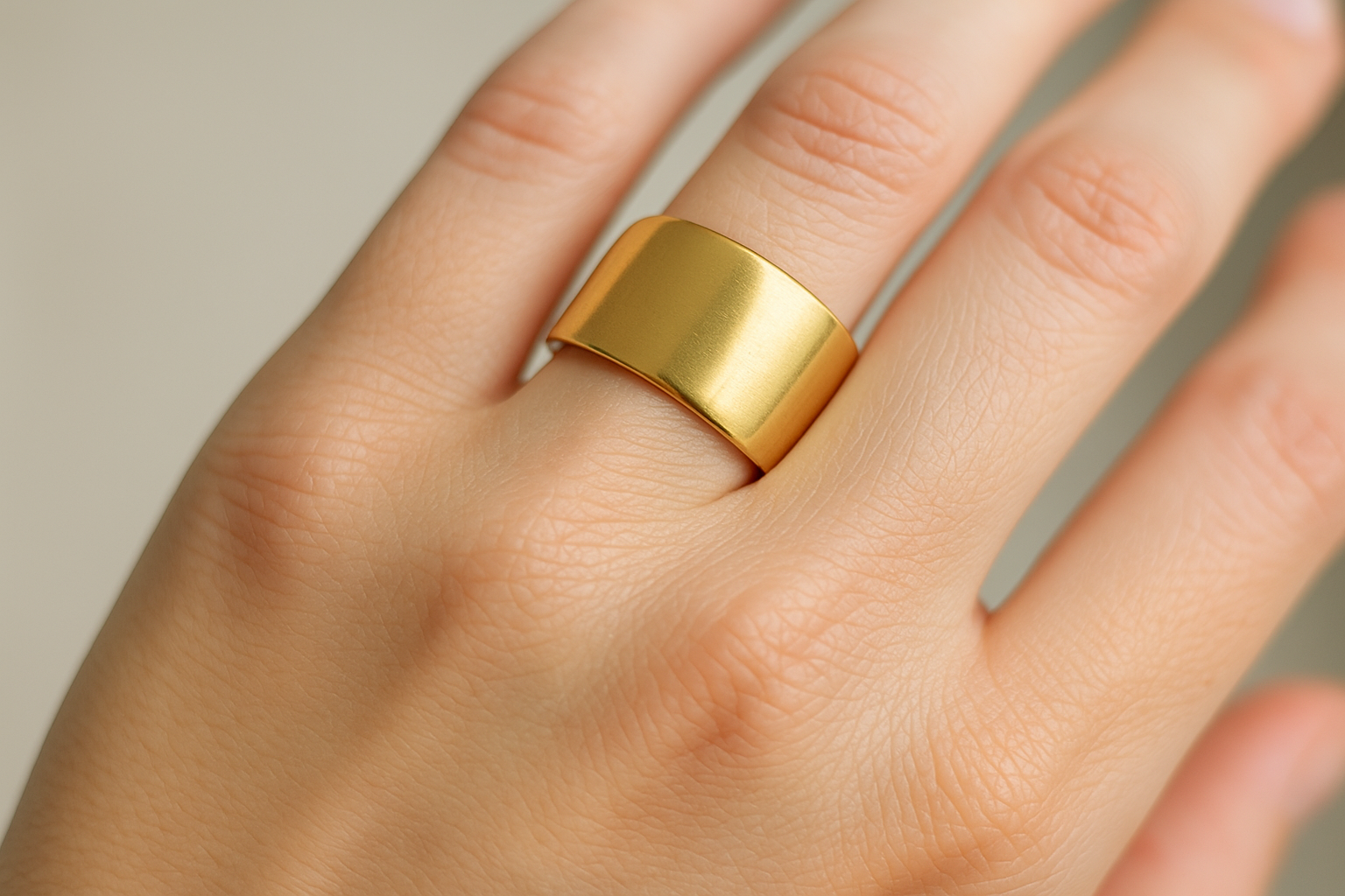 Labai platus vestuvinis žiedas dengia beveik visą pirštą ir atrodo nepatogiai.