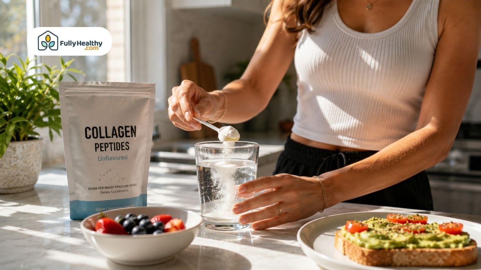 Woman mixing unflavored collagen peptides into a glass of water beside a healthy breakfast
