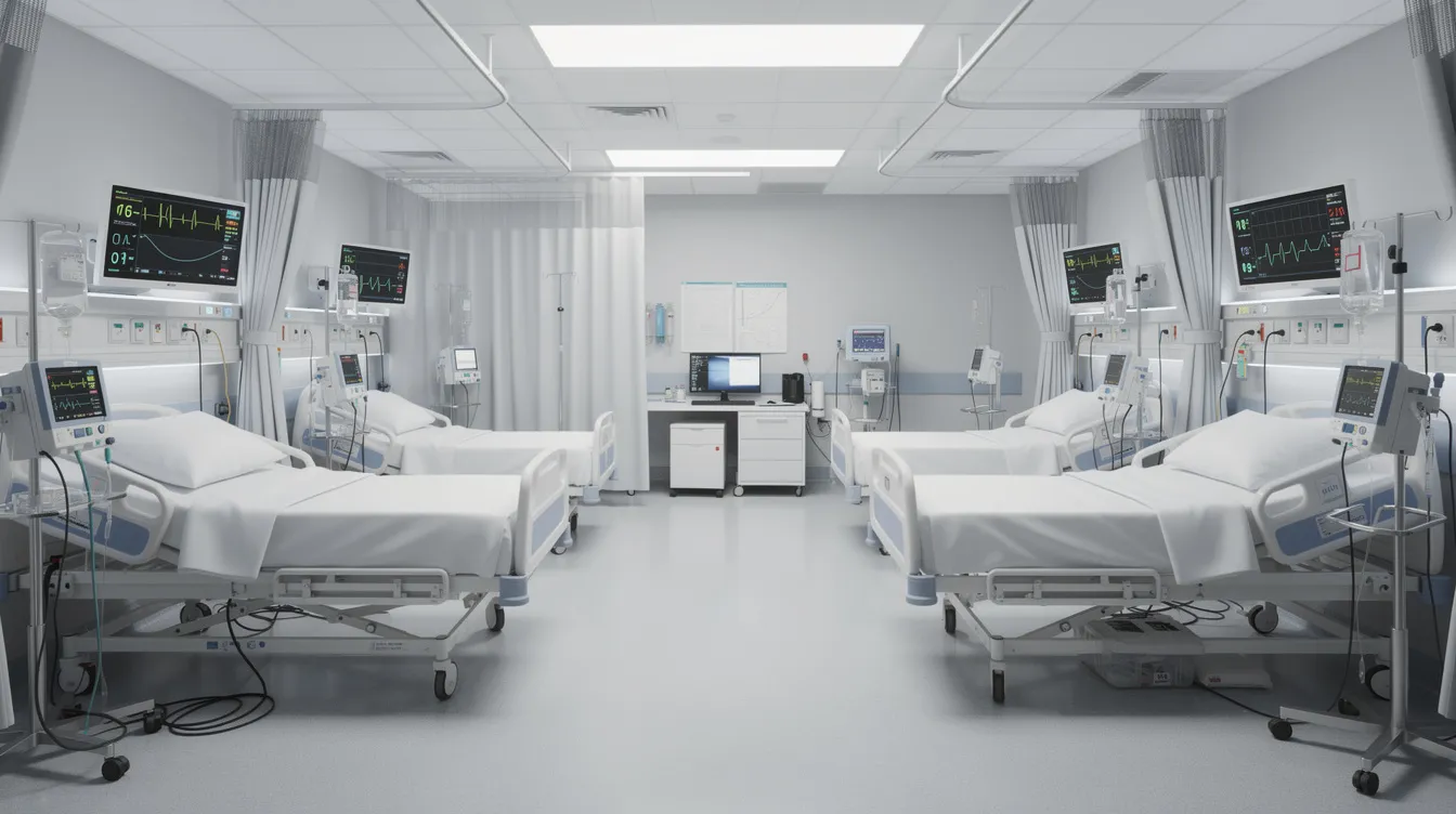 The image depicts the interior of a hospital ICU, featuring several patient beds equipped with advanced medical monitoring equipment. This setting reflects a multi-speciality hospital environment designed to provide quality medical services for critically ill patients.