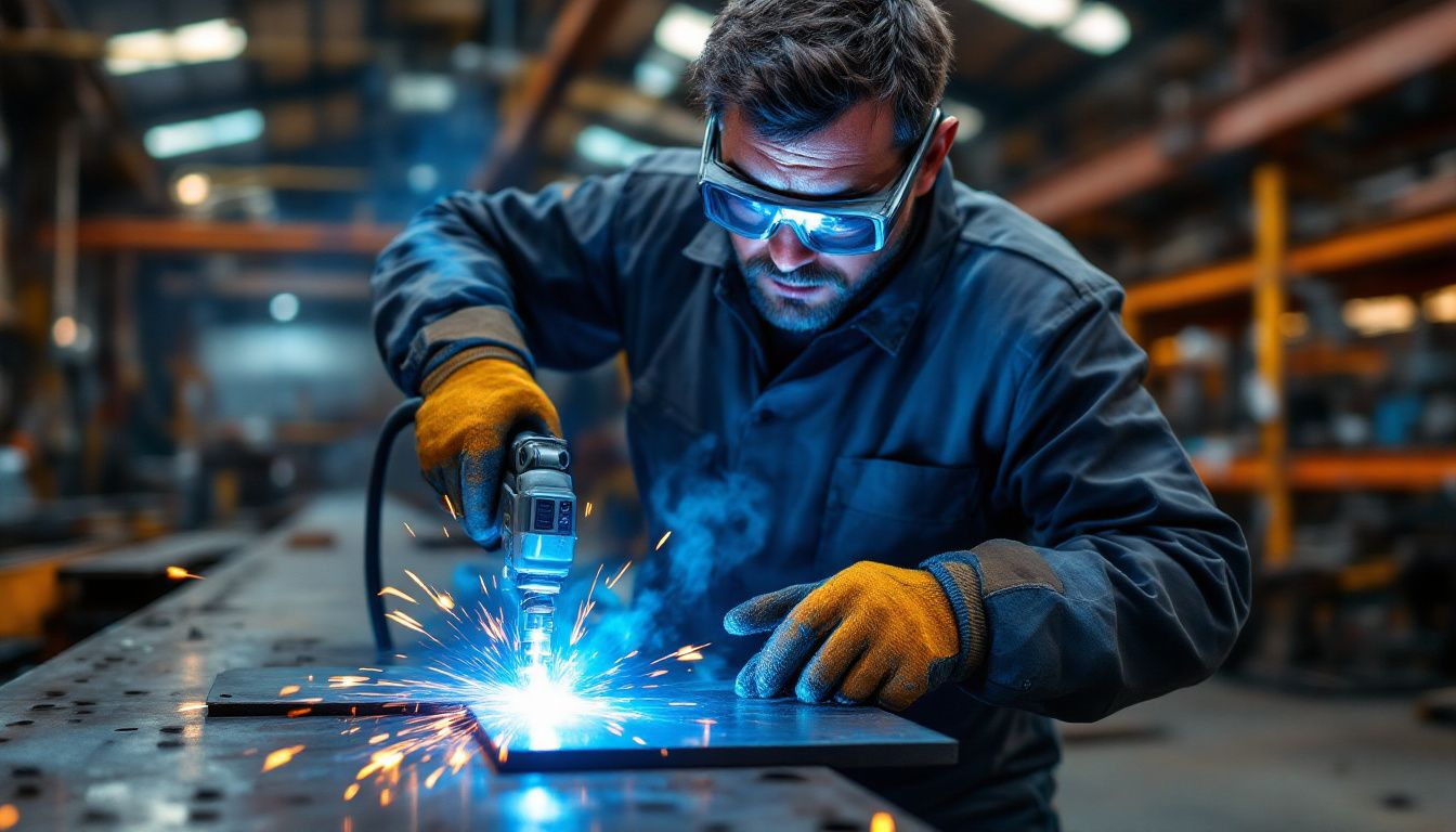 A welder using flux core welding wire in an outdoor setting.