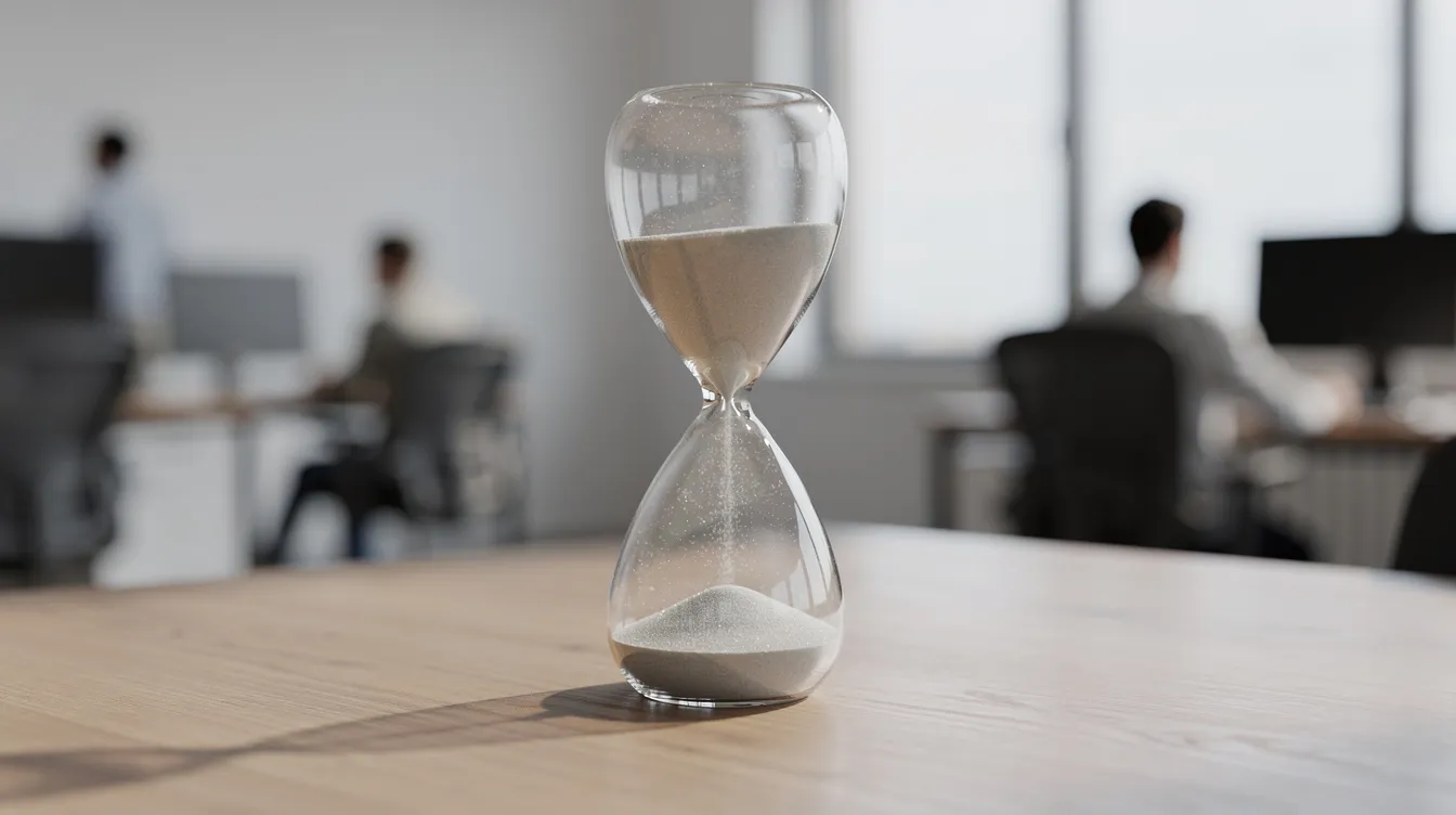 Eine Sanduhr steht auf einem Schreibtisch, während im Hintergrund eine unscharfe Büroumgebung mit natürlichem Licht zu sehen ist. Die Sanduhr symbolisiert die temporäre Natur von Zeit und Arbeit in einem Unternehmenskontext.