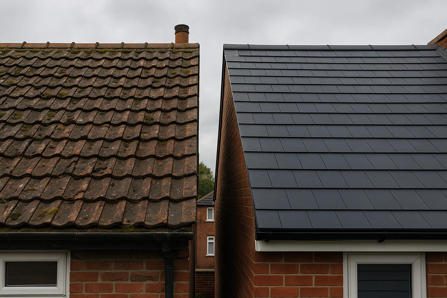 Side-by-side view of an old damaged roof next to a newly replaced roof on a UK home under cloudy Manchester skies.
