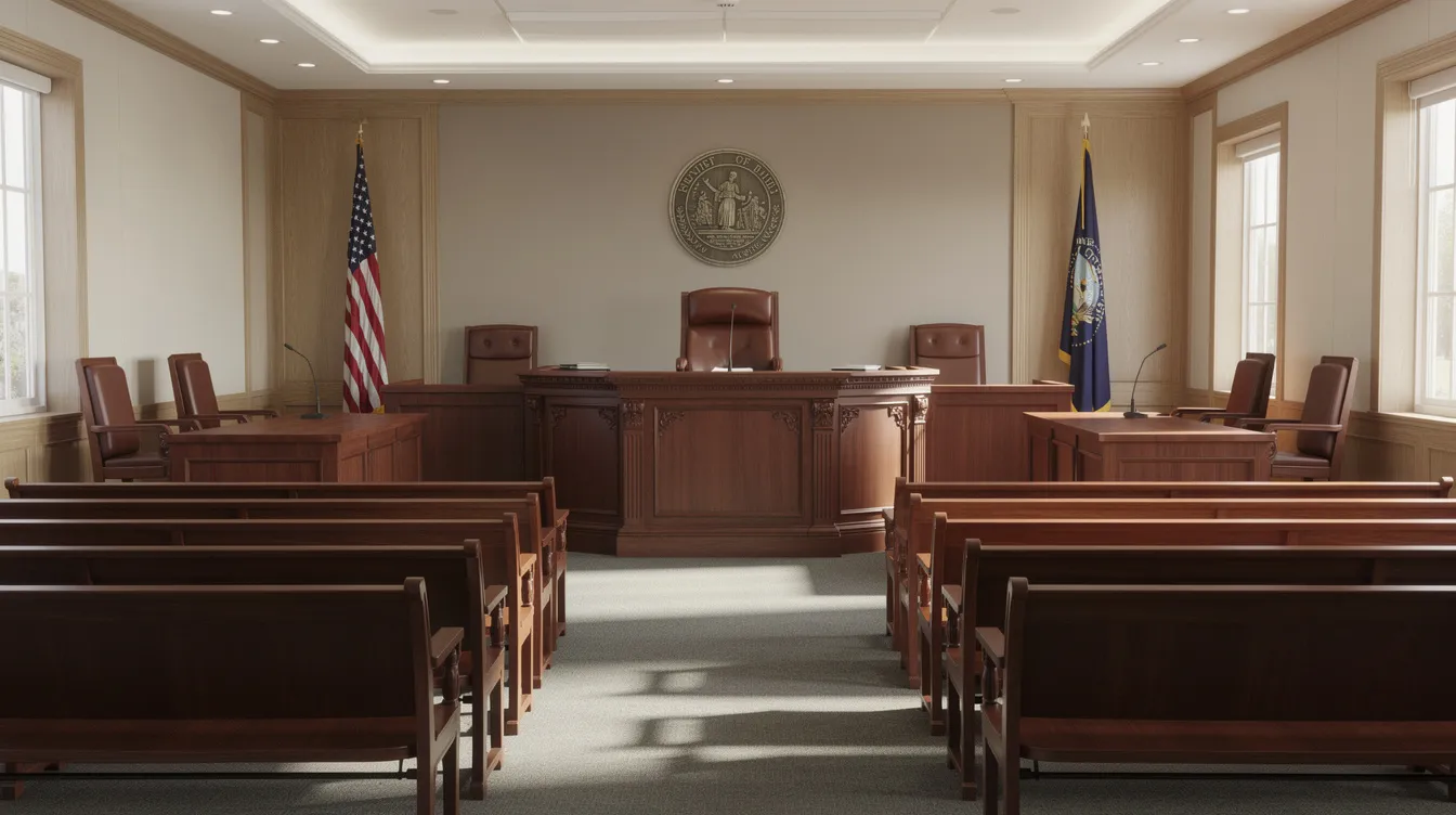Lawyer for DUI: Do You Really Need One for a First Offense? 1 The image depicts an empty courtroom interior featuring wooden benches arranged for spectators and a prominent judge's bench at the front. This setting serves as a backdrop for serious legal matters, including DUI cases and the defense strategies employed by experienced DUI lawyers.