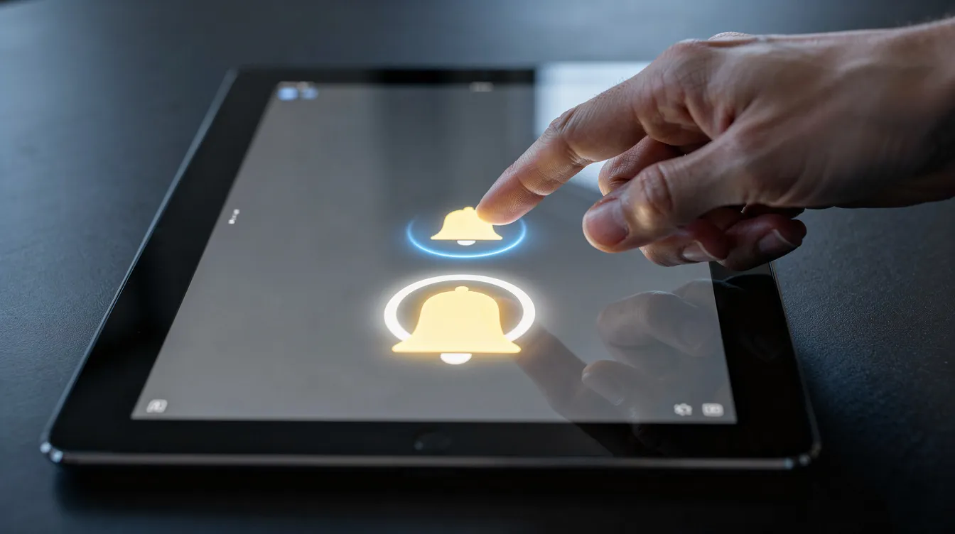 The image depicts a hand reaching out to tap a notification bell icon on a tablet screen, symbolizing engagement with email marketing alerts or updates for onboarding email sequences. This action highlights the importance of staying connected with potential customers and enhancing customer relationships through effective email campaigns.