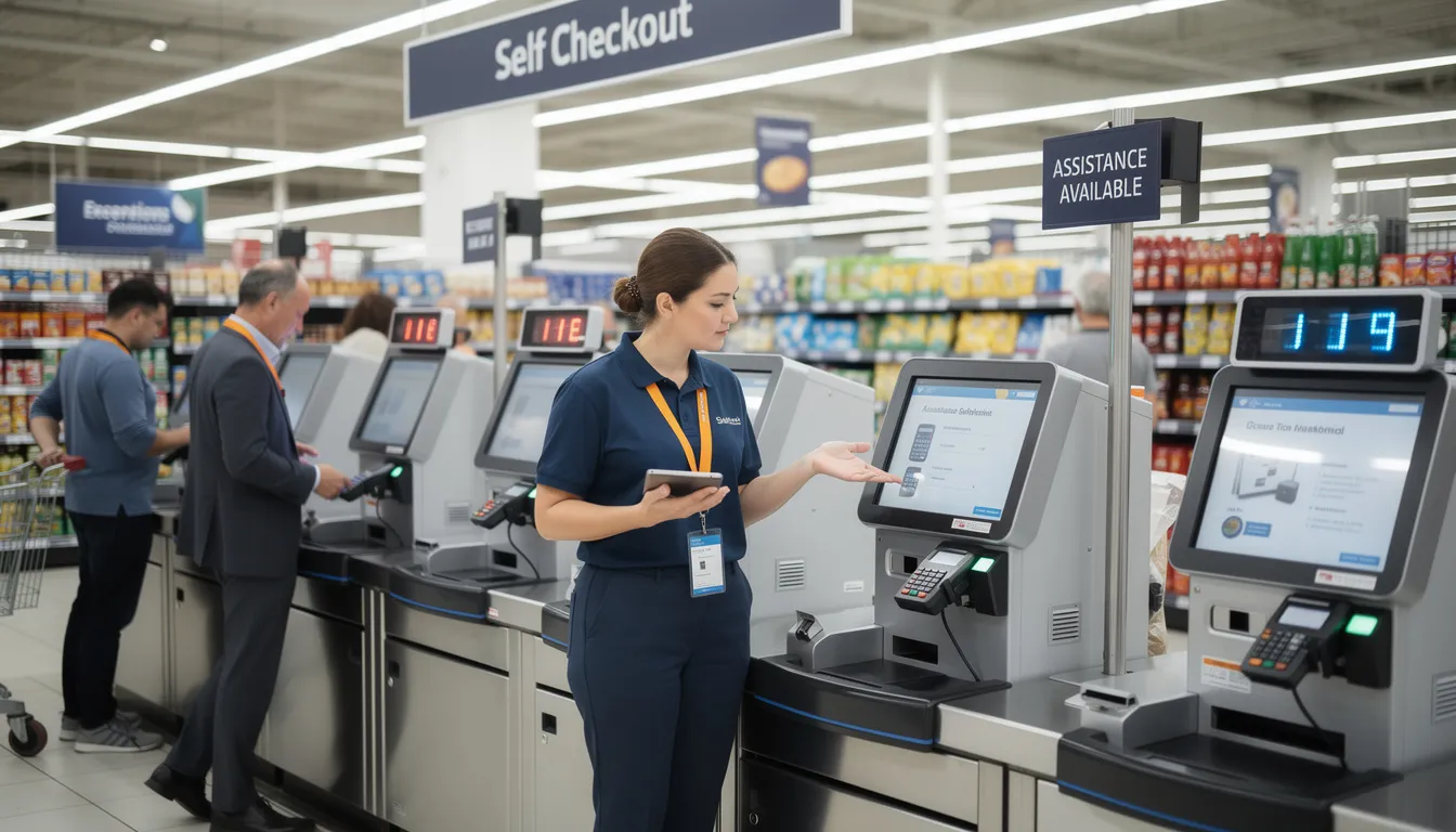 An employee oversees the self-checkout systems in a retail store, assisting customers with barcode scanning and managing exceptions to enhance the checkout experience. This setup aims to improve efficiency and customer satisfaction while reducing wait times and potential retail theft.