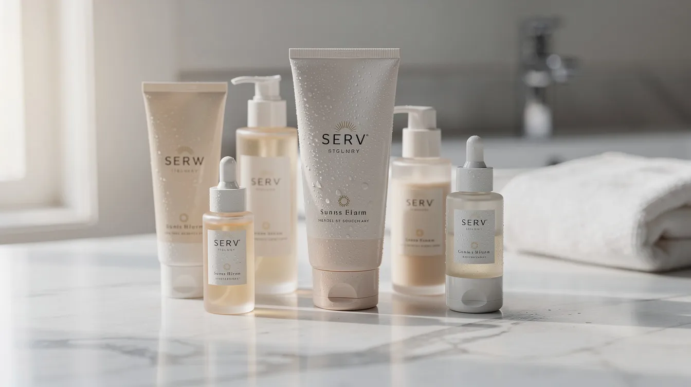 The image features a close-up view of sunscreen and gentle skincare products arranged neatly on a bathroom counter, highlighting their importance in protecting and rejuvenating the skin from sun exposure and signs of aging. These products are essential for maintaining skin firmness and promoting a more youthful appearance, complementing treatments like laser skin tightening and resurfacing.
