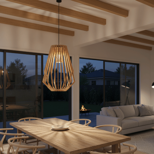 Wooden slatted pendant light hanging above a dining table, casting warm light.