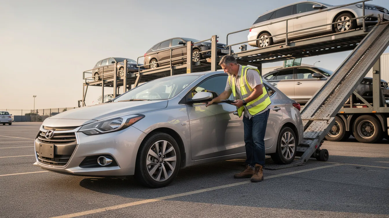 A transport driver is inspecting the side of a sedan for any existing damage and ensuring the vehicle's condition is satisfactory before loading it onto an auto transport truck for shipping. This crucial step in the car shipping process helps maintain a vehicle inspection report and ensures high-quality service during the car shipment.