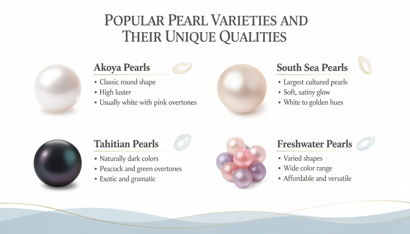 The image features a selection of popular pearl varieties displayed in an elegant jewellery box, showcasing pearl earrings, including pearl stud earrings and drop earrings, crafted from cultured freshwater pearls. The assortment highlights different styles and colors, such as classic white and yellow gold, perfect for various occasions and recipients.