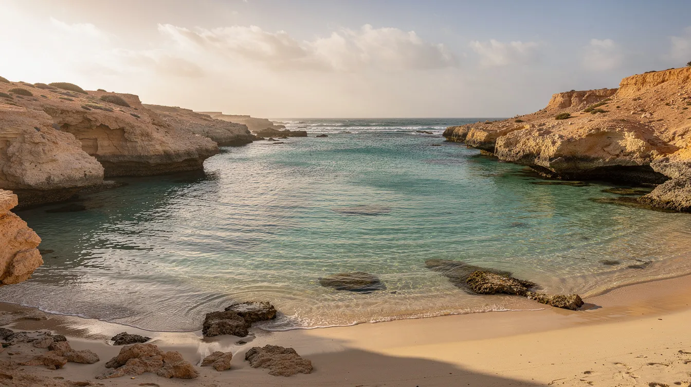 Turquoise lagune omzoomd door zandstranden aan de Atlantische kust van Marokko.