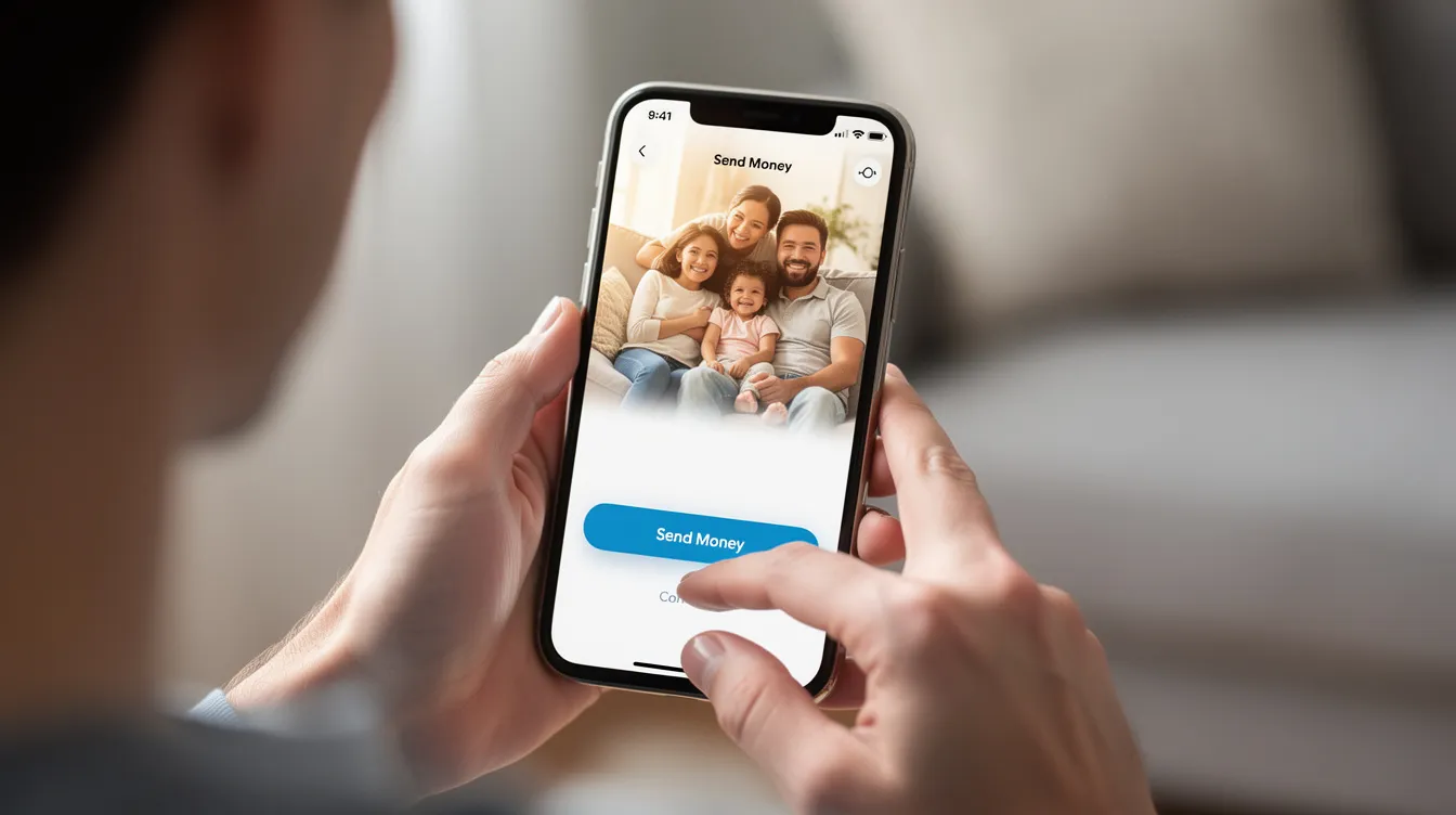 The image shows a person smiling while using a smartphone to send money, with a happy family displayed on the phone screen. This scene captures the joy of connecting with loved ones, highlighting the importance of financial support in personal circumstances, which can be crucial for those navigating the employment visa application process for Ireland.