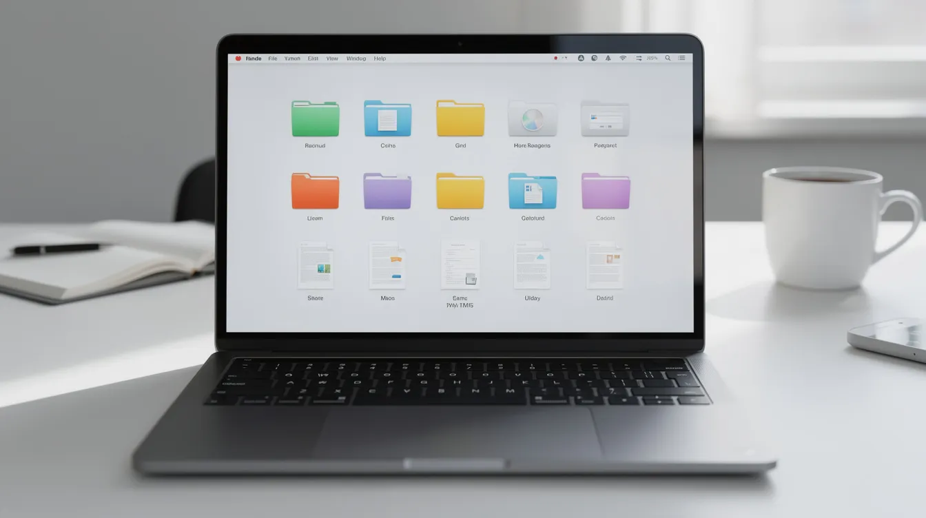 The image features a laptop screen displaying a well-organized array of digital folders and files, likely containing essential documents such as bank statements, utility bills, and identity proofs necessary for applying for a mudra loan. This setup reflects the meticulous preparation required for submitting paperwork related to small finance banks and loan applications.