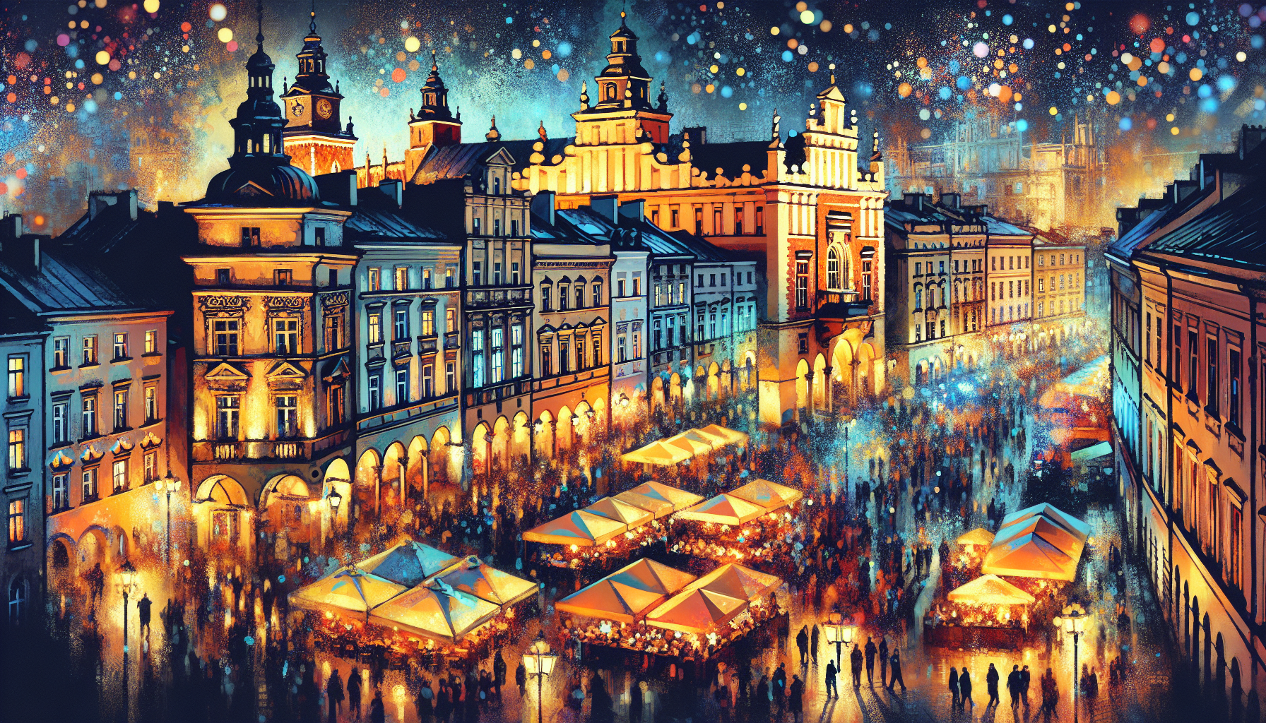 A vibrant illustration showcasing the lively atmosphere of Krakow's nightlife, perfect for a stag weekend.