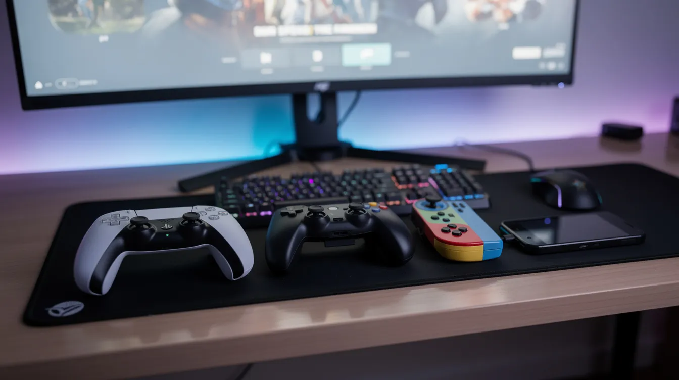 Das Bild zeigt ein Gaming-Setup auf einem Schreibtisch, auf dem mehrere Controller verschiedener Plattformen, darunter Xbox-Controller, nebeneinander angeordnet sind. Im Hintergrund sind auch einige Spiele wie Call of Duty und Black Ops angedeutet, was auf die Vielfalt der Spielerlebnisse und den Spaß hinweist.
