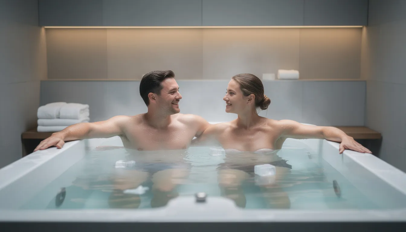 The image shows two people comfortably seated in a spacious two-person cold plunge tub, designed for full body immersion in icy water, providing health benefits through cold therapy. The tub features a painted interior and is ideal for cold water exposure, allowing for a relaxing and rejuvenating experience.