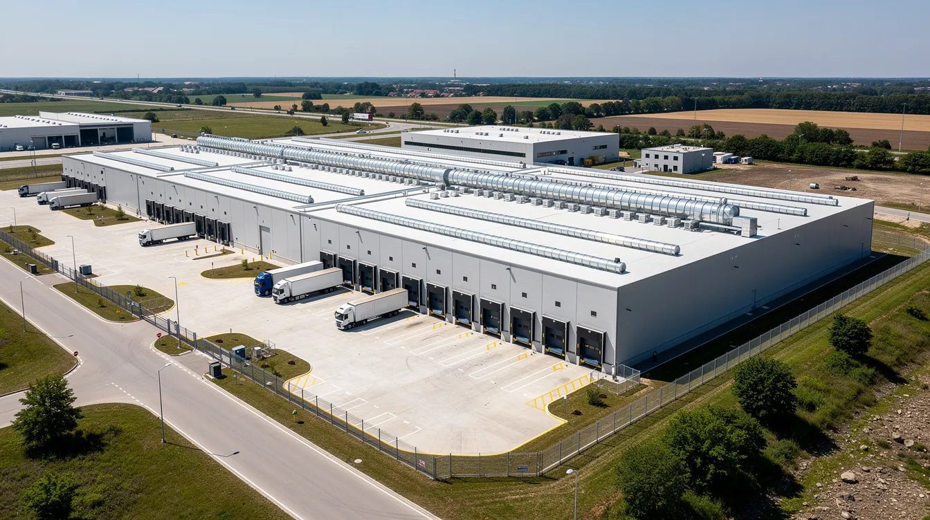 An aerial view of a modern pulses processing plant showcases a large industrial facility with multiple loading docks and warehouse buildings, emphasizing its capacity to meet the growing consumer demand for nutritious food products. The facility features fully automated systems for cleaning, grading, and packaging processed pulses, ensuring consistent quality and superior performance in food processing operations.