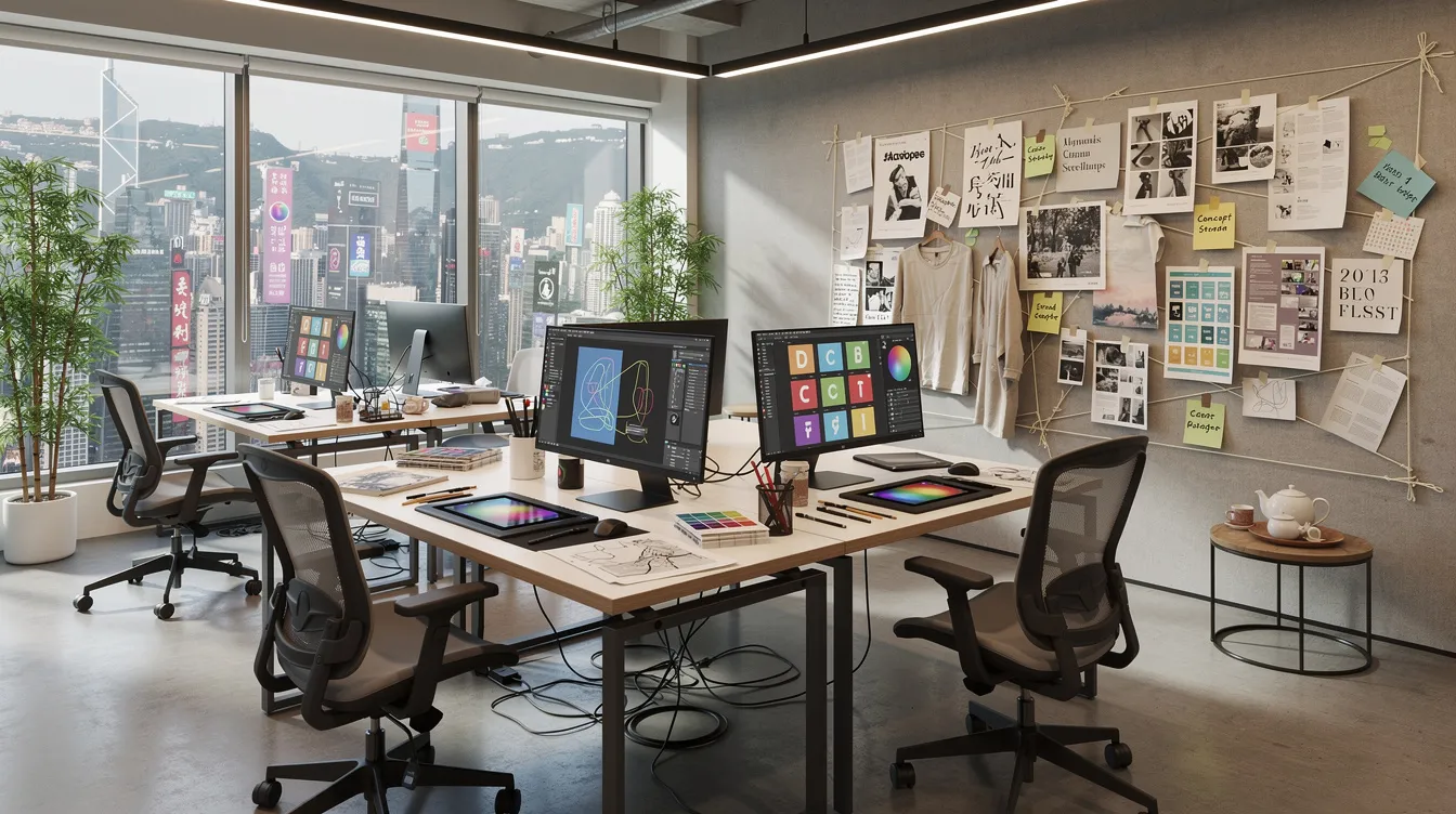The image depicts a modern design studio workspace in Hong Kong, featuring sleek computers and vibrant mood boards that inspire creativity. This environment reflects the dynamic atmosphere of a 中小企業, highlighting the importance of innovation and support for small and medium enterprises.