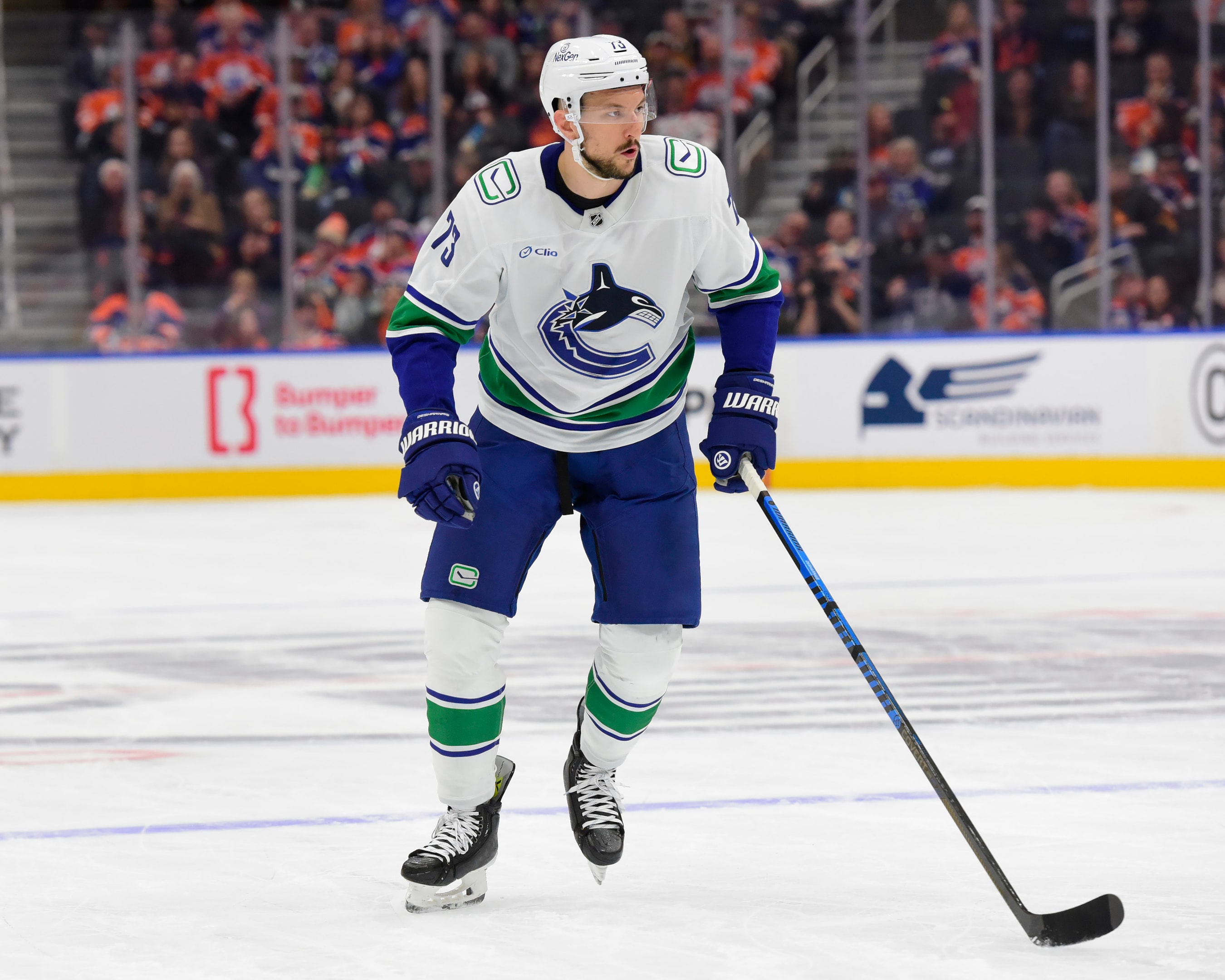 Vincent Desharnais of the Vancouver Canucks in action during the preseason game against the Edmonton Oilers at Rogers Place on September 30, 2024, in Edmonton, Alberta, Canada. 