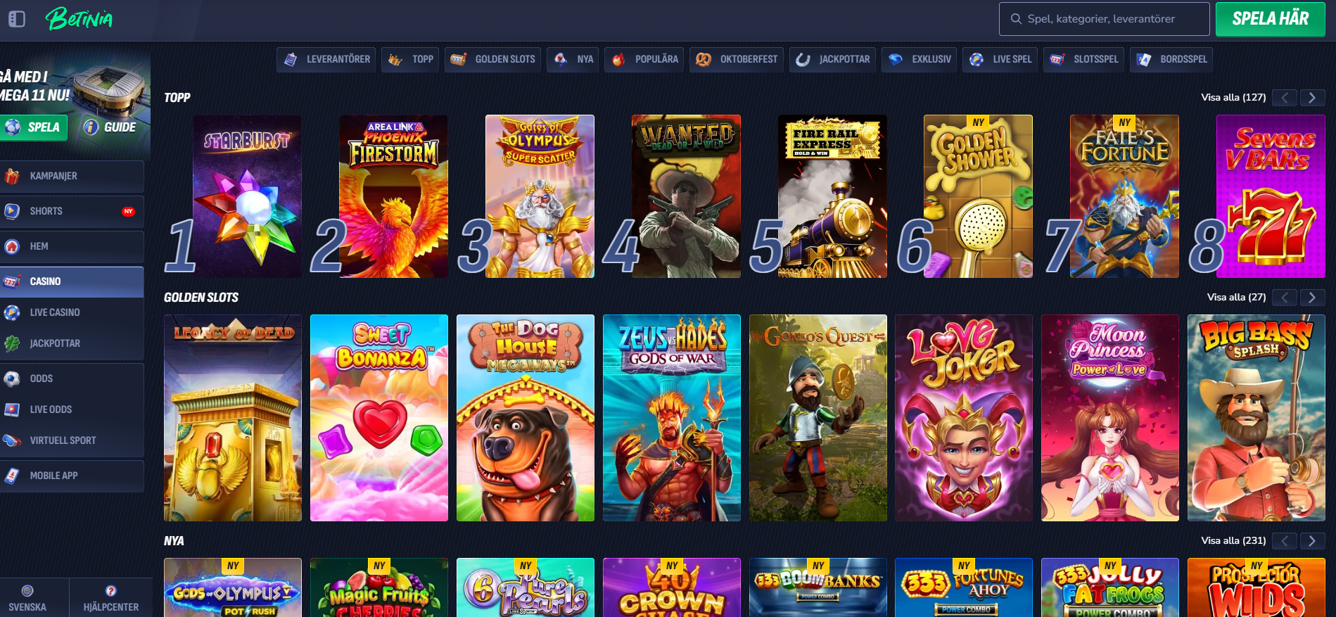 Betinias casino med populära, nya och Golden Slots-spel.