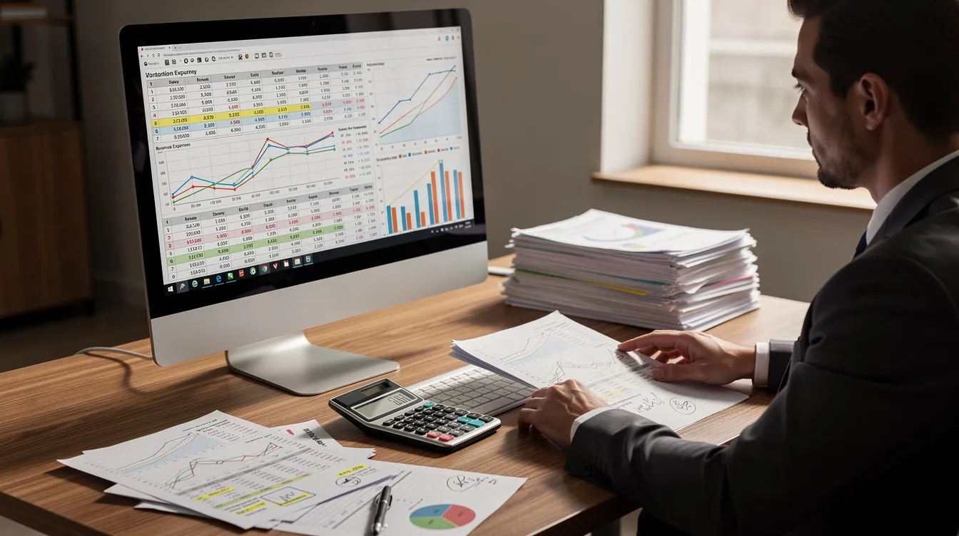 d77f46ec 647d 4ddf 8f2f dec3f1d7f9dd A financial analyst is focused on reviewing detailed project reports displayed on a computer screen, surrounded by spreadsheets and charts, with a calculator and various documents on a wooden desk. This scene emphasizes the importance of financial planning and assessment in the dairy processing industry, particularly in relation to project costs and securing funding for sustainable growth in dairy farming.