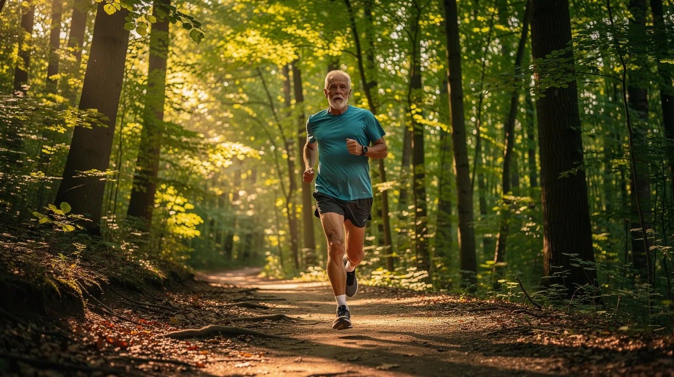 An older adult is running along a trail surrounded by trees, embodying the principles of healthy aging through regular aerobic exercise. This activity not only supports cardiovascular health but also contributes to mental health and overall well-being as they engage with nature.