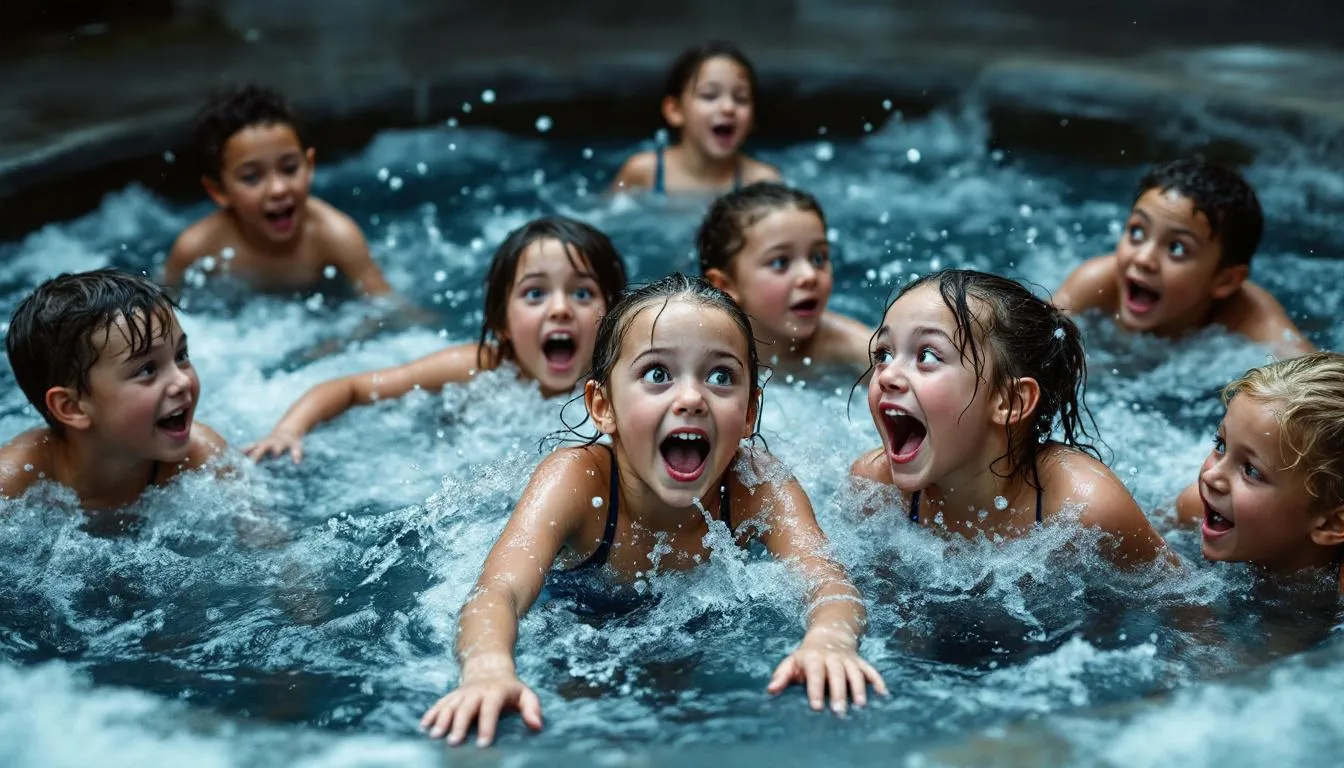 A group of children joyfully takes a dip in a cold plunge, surrounded by freezing cold water, as they experience the benefits of cold exposure and build mental resilience. This playful moment highlights the role of ice baths in promoting physical recovery and mental health, encouraging kids to embrace discomfort and develop grit.