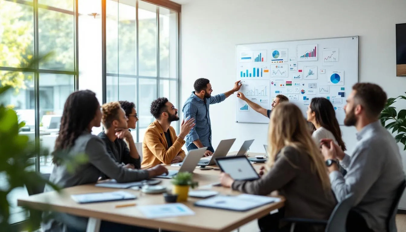 The image showcases a digital marketing agency's workspace, featuring a team collaborating on strategies for social media marketing and search engine optimisation. Various digital marketing tools and charts illustrating data analytics and campaign performance are displayed, emphasizing their focus on driving online business growth and attracting new customers.