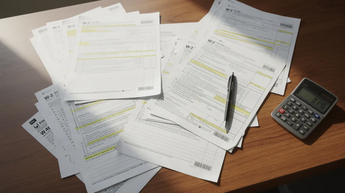 The image shows a cluttered wooden desk covered with scattered tax documents, including W-2 forms and other tax forms, which are essential for filing federal income tax returns. This disarray symbolizes the importance of organizing key documents to ensure taxpayers can accurately claim any unclaimed tax refunds and maximize their potential refund for the tax year.