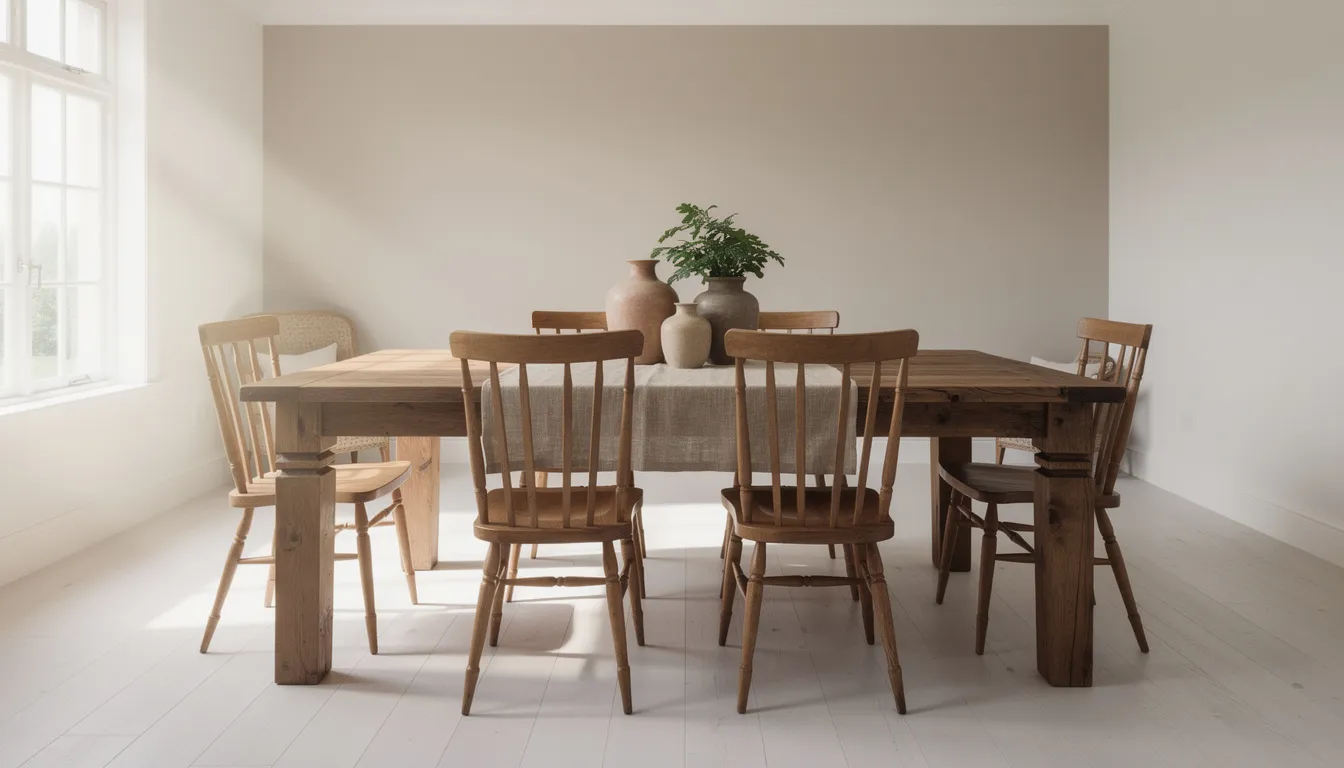 Een massief houten landelijke eettafel staat centraal in een lichte eetkamer, waar het natuurlijke licht de warme uitstraling van het eikenhout accentueert. Deze perfecte landelijke eettafel, omringd door bijpassende eetkamerstoelen, creëert een gezellige sfeer voor familie en vrienden.
