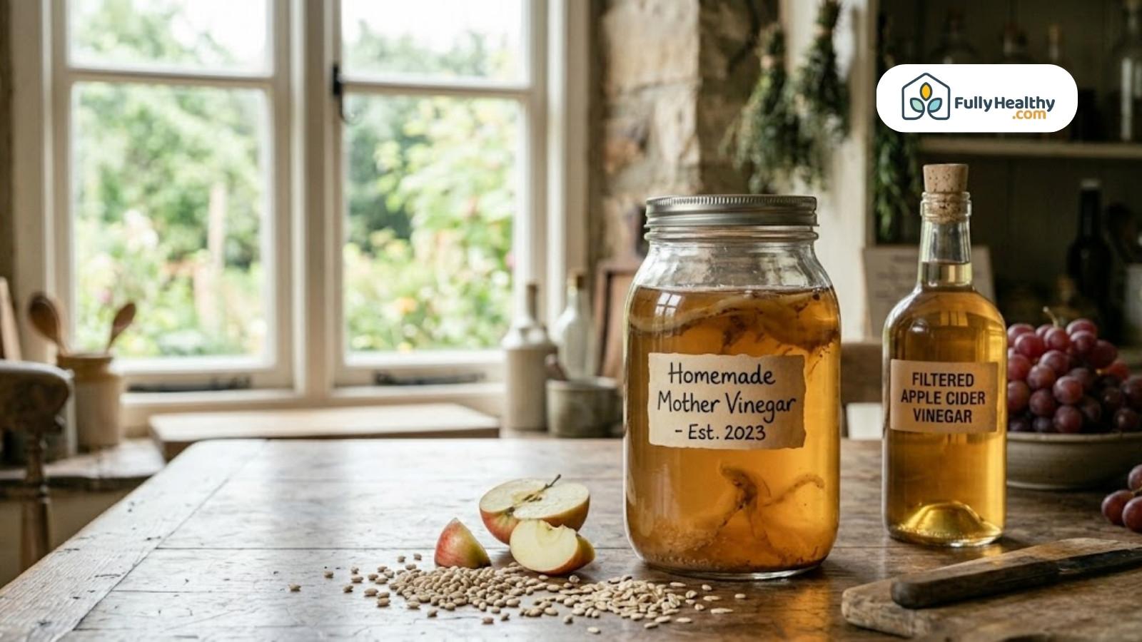 Homemade apple cider vinegar jar beside filtered vinegar bottle and apples
