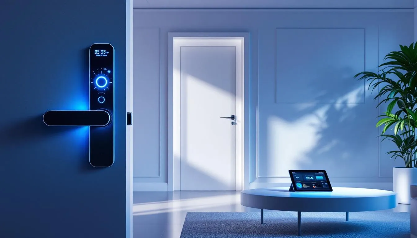 A futuristic representation of future trends in electronic lock integration, including AI and smart home technology.